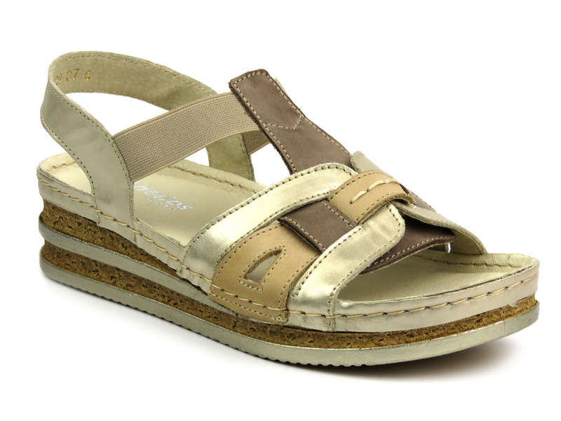 Skórzane sandały damskie na delikatnym koturnie złote Helios Komfort 129