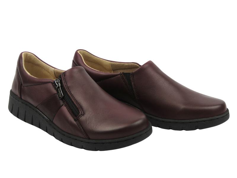 Skórzane półbuty damskie wsuwane bordowe Helios Komfort 454