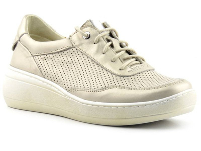 Skórzane sneakersy damskie na platformie - HELIOS Komfort 303, złote