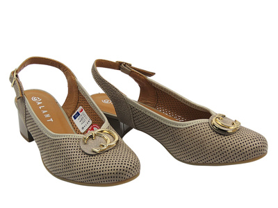 Skórzane czółenka na obcasie - GALANT 3200, beż