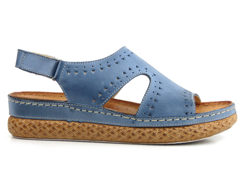 Skórzane sandały damskie z ażurowym wzorem - WASAK 0652, granatowe