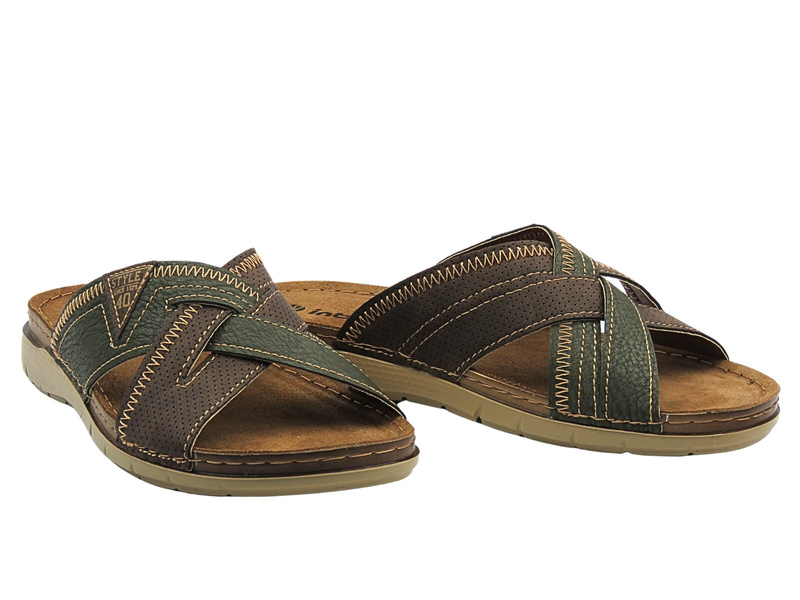 Wygodne klapki męskie z miękkiej skóry INBLU VI-11, brązowo-zielone
