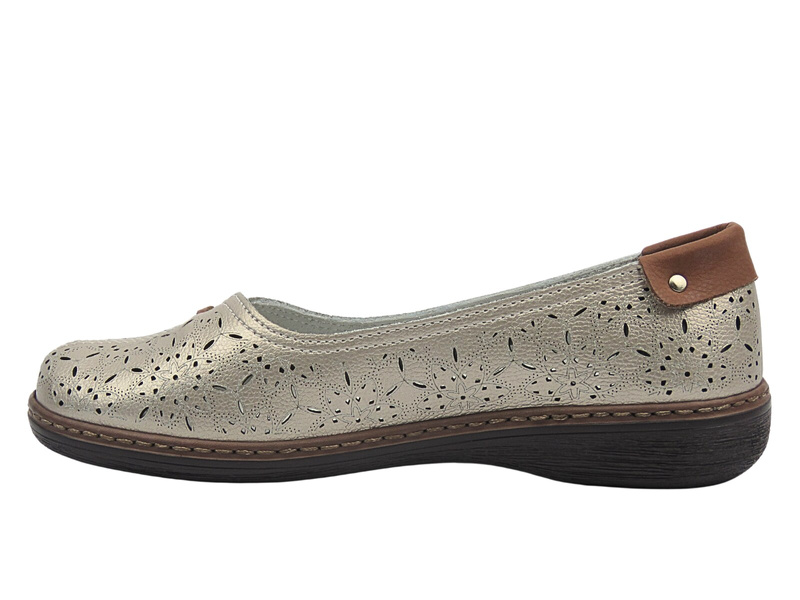 Skórzane półbuty, baleriny damskie złote Evento 25PB17-8357