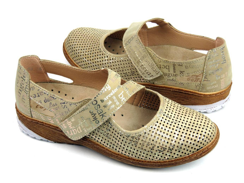 Wygodne półbuty damskie z ażurową cholewką - AXEL Active 1910, beżowo-złote