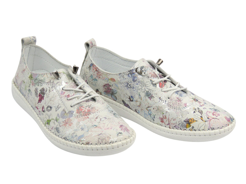 Wygodne półbuty damskie w sportowym stylu - białe w kwiaty Nika Komfort H2023,