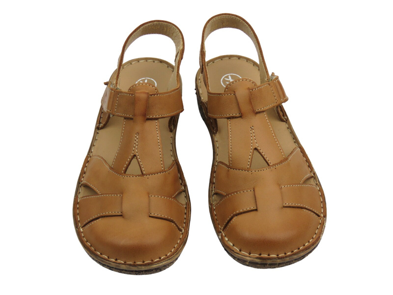 Skórzane sandały damskie z zabudowanym przodem brązowe Helios Komfort 152