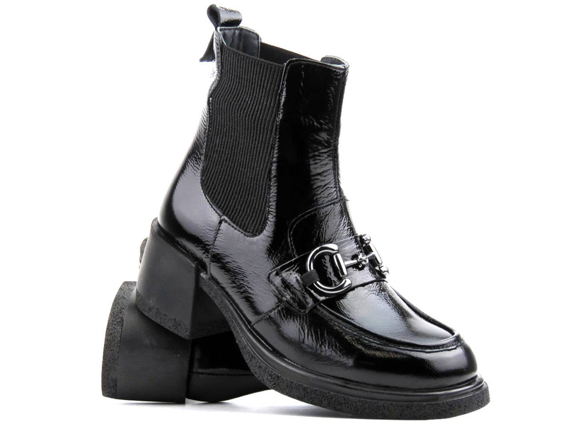 Lakierowane botki damskie na klocku - VENEZIA 13132401, czarne