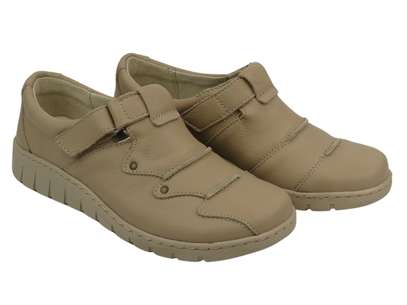 Skórzane półbuty damskie zapinane na rzep - Helios Komfort 780-2S, ecru