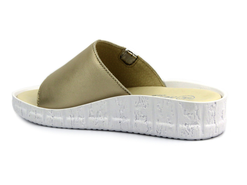 Klapki damskie skórzane płaskie złote Helios Komfort 130