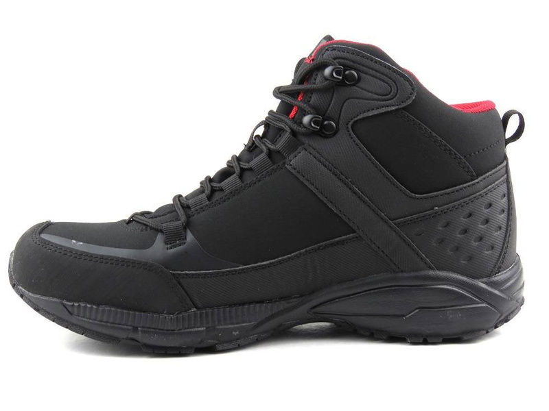 Wysokie trekkingi męskie z materiałem softshell - DK 1751, czarne z czerwienią