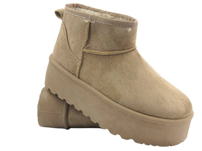 Śniegowce Damskie - Potocki 24-16322BG Beżowe - Wsuwane - Na Platformie