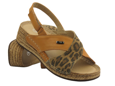 Skórzane sandały damskie na rzep brązowe Helios Komfort 146