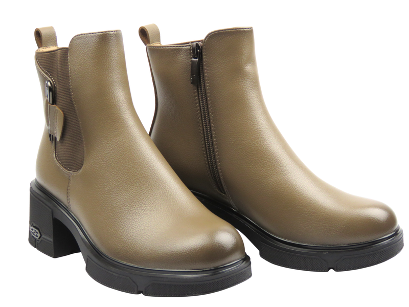 Ocieplane, klasyczne botki damskie khaki Potocki 25-12698