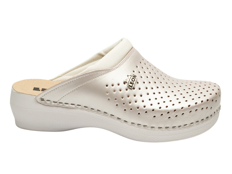 Skórzane Klapki Damskie Leon PU100 perłowe