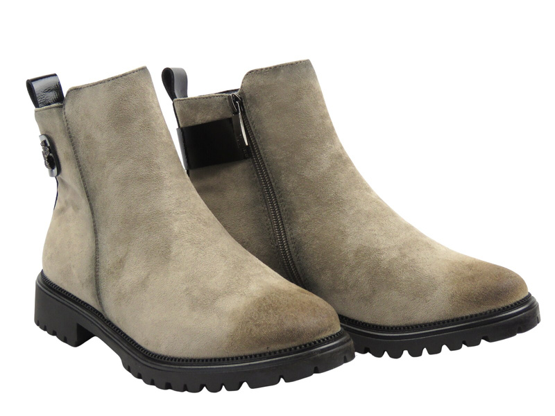 Ocieplane, klasyczne botki damskie khaki Potocki 25-19314