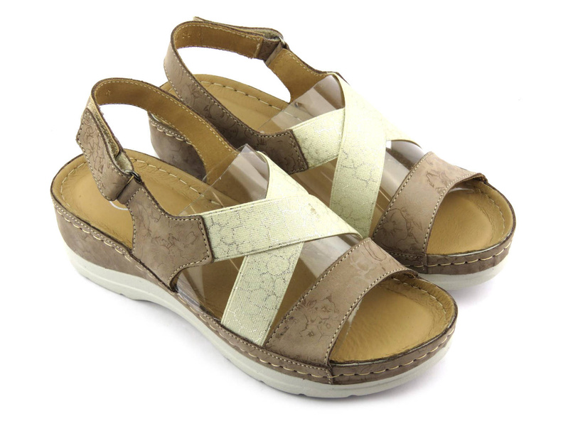 Skórzane sandały damskie na koturnie - HELIOS Komfort 100, beż 2