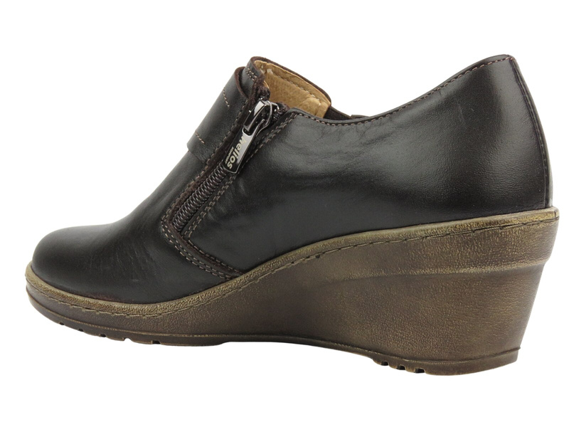 Skórzane półbuty damskie na koturnie - HELIOS Komfort 640, ciemnobrązowe na suwak