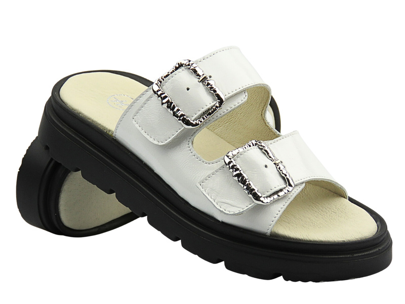 Skórzane klapki damskie z regulowanymi paskami - HELIOS Komfort 158, białe