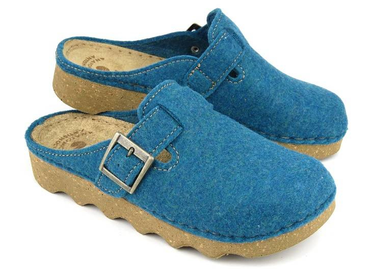 Filcowe kapcie damskie na korkowej podeszwie - Inblu POKS, niebieskie