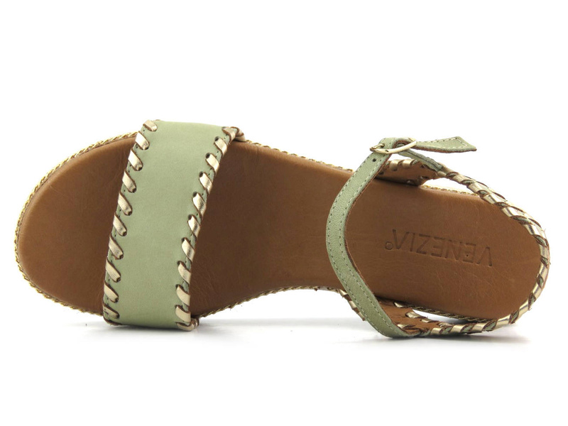 Sandały damskie na platformie - VENEZIA ESTI 261600, zielone ze złotymi przeszyciami
