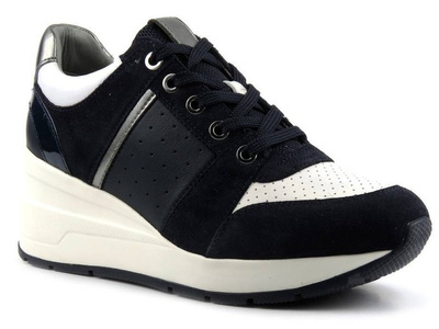 Sneakersy damskie na białym koturnie - Geox Respira D158LA, granatowe