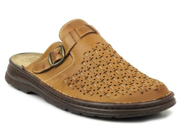 Klapki męskie z ażurową, plecioną i regulowaną cholewką - HELIOS Komfort 807, beżowe