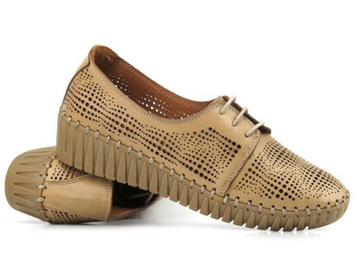 Ażurowe półbuty damskie sznurowane - MANITU 850067-08, beżowe