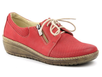 Skórzane półbuty damskie z suwakiem i sznurowaniem - Helios Komfort 328, czerwone