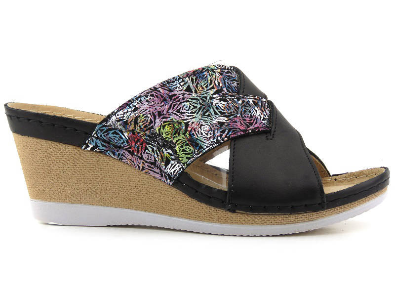 Skórzane klapki damskie na koturnie - HELIOS Komfort 297, czarne