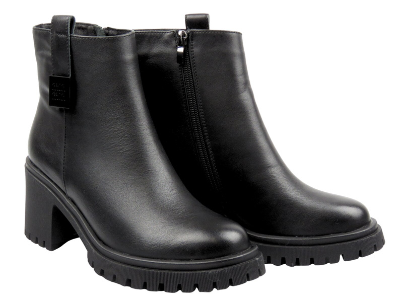 Skórzane botki damskie na obcasie czarne Cambell 25-29312