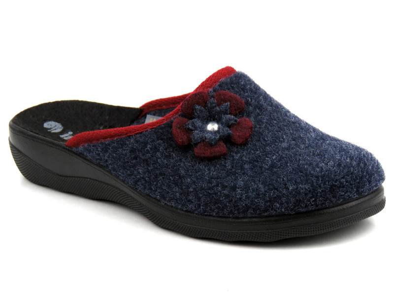 Ciepłe kapcie damskie z kwiatkiem na cholewce - INBLU 064-86, granatowe