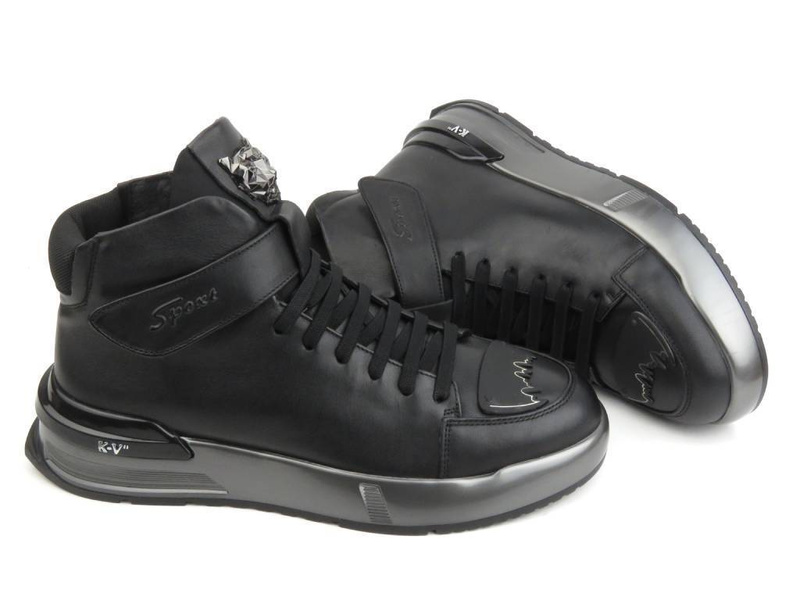 Skórzane sneakersy męskie za kostkę - JOHN DOUBARE R6576, czarne