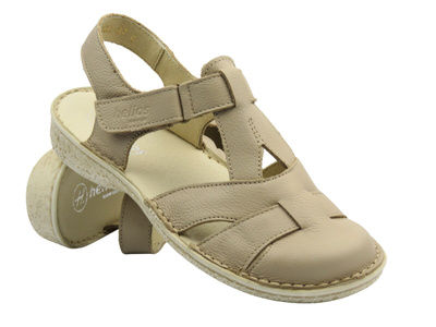 Skórzane sandały damskie z zabudowanym przodem ecru Helios Komfort 152