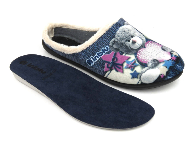 Miękkie kapcie damskie z misiem - INBLU 155D210, niebieskie