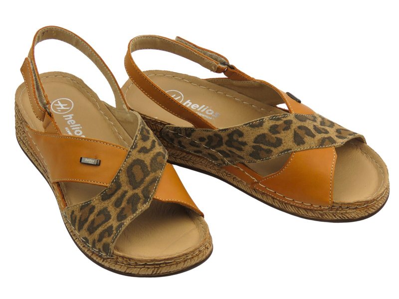 Skórzane sandały damskie na rzep brązowe Helios Komfort 146