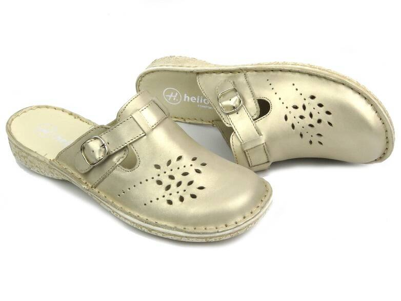Klapki damskie z regulowanym paskiem - Helios Komfort 264, złote