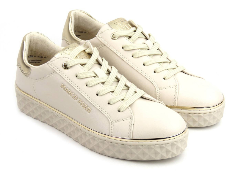 Sneakersy damskie ze skóry ekologicznej - MARCO TOZZI 2-23705-41, beżowe ze złotem