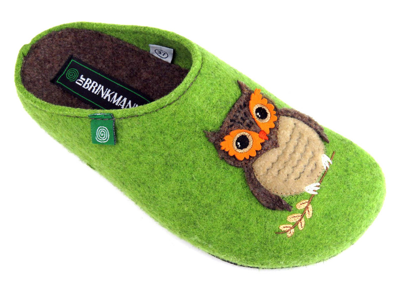 Ciepłe kapcie damskie filcowe z sową - Dr BRINKMANN 320082-71, zielone