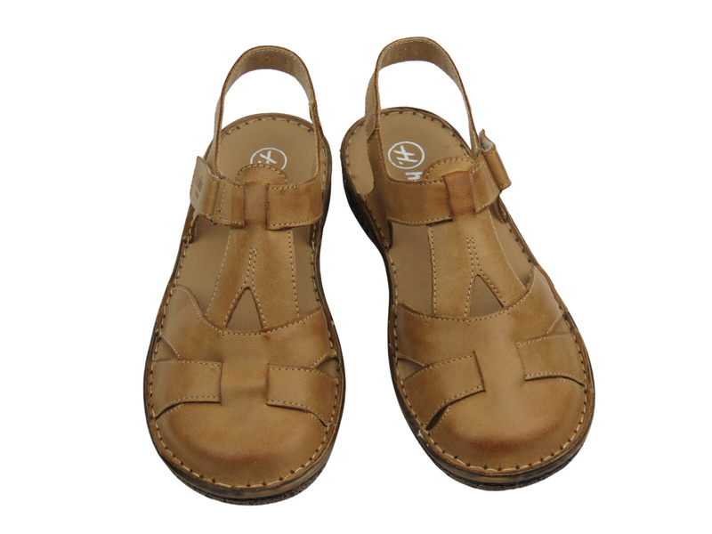 Skórzane sandały damskie z zabudowanym przodem jasnobrązowe Helios Komfort 152