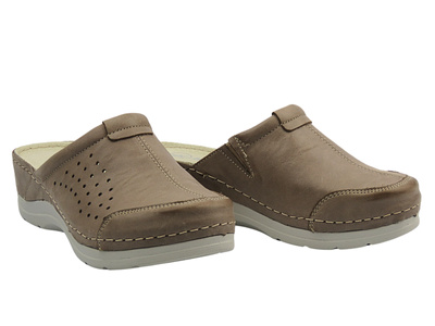 Skórzane klapki damskie lekarskie, sanitarne, medyczne beżowe - HELIOS Komfort 281