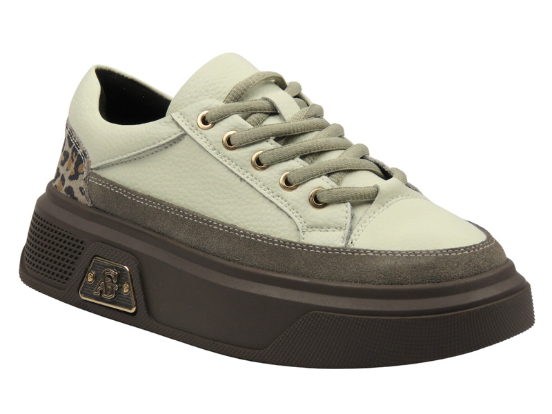 Skórzane sneakersy damskie na platformie beżowe Cambell 25-19343