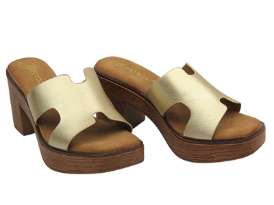 Klapki damskie na obcasie złote Potocki 25-21355