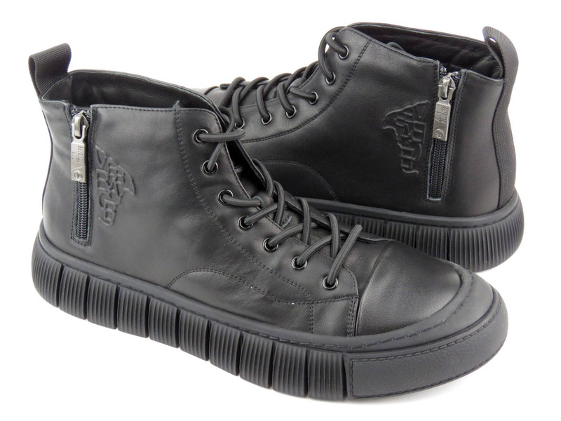 Skórzane sneakersy męskie za kostkę - JOHN DOUBARE 7092, czarne