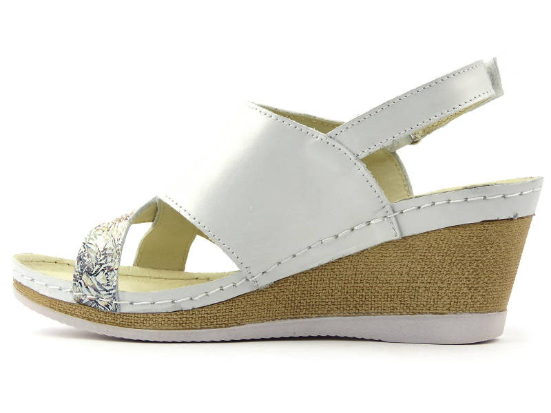 Skórzane sandały damskie na koturnie - HELIOS Komfort 299, srebrne