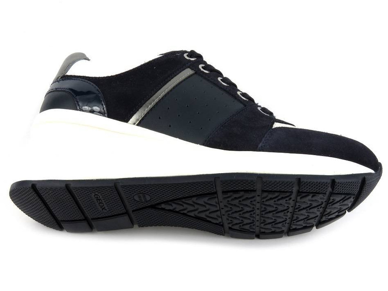 Sneakersy damskie na białym koturnie - Geox Respira D158LA, granatowe