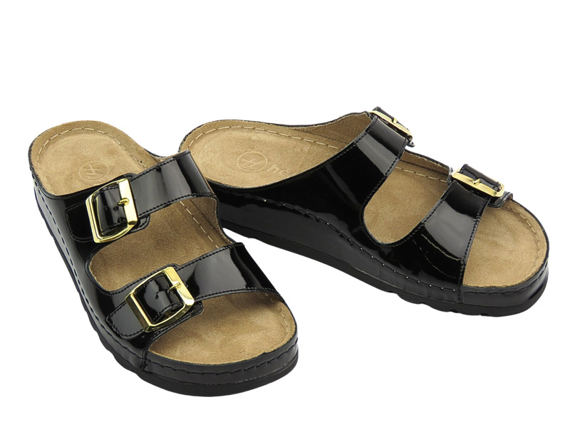 Skórzane klapki damskie z regulowanymi paskami - HELIOS Komfort 288-1, czarne