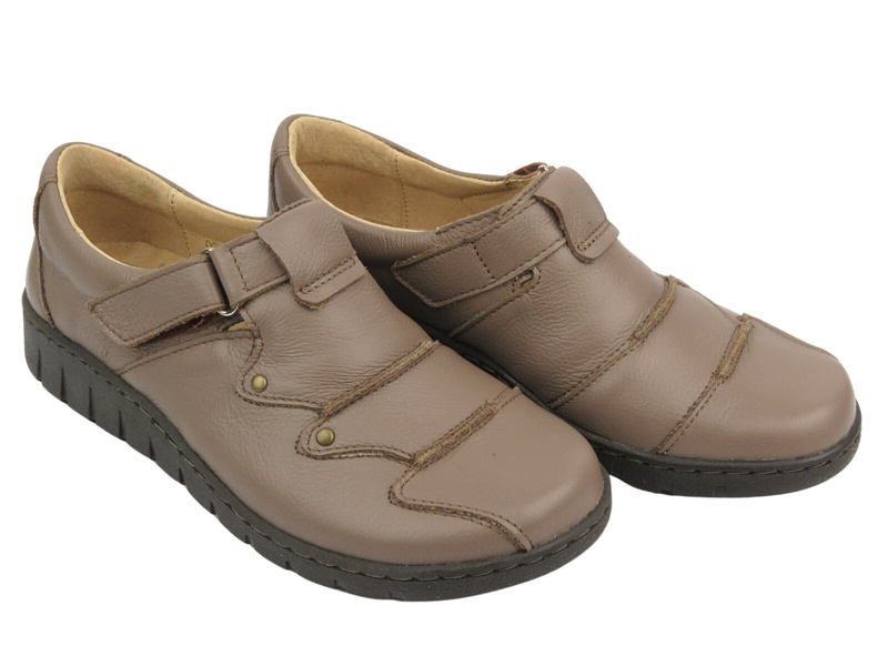 Skórzane półbuty damskie zapinane na rzep - Helios Komfort 780-2S, brązowe