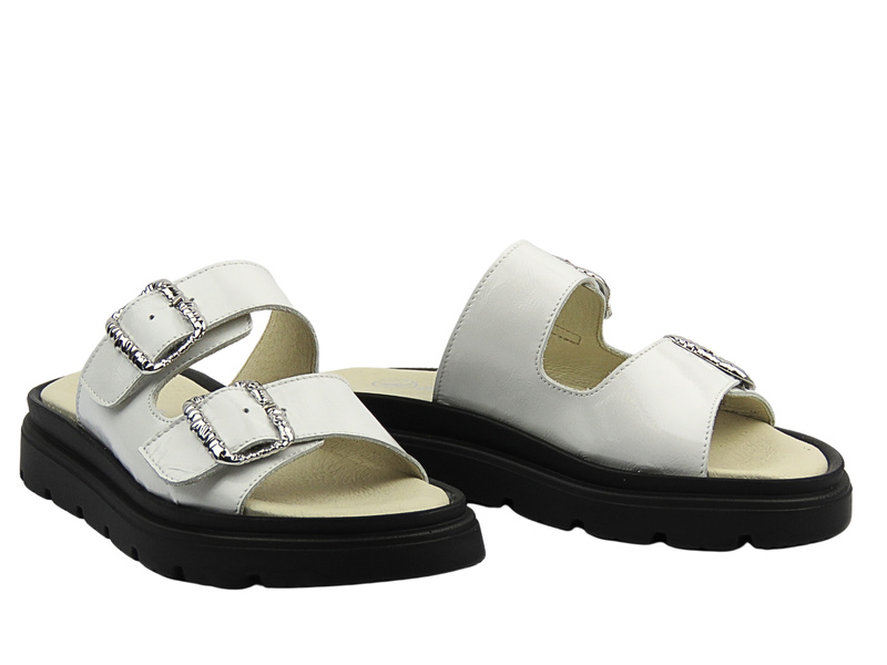 Skórzane klapki damskie z regulowanymi paskami - HELIOS Komfort 158, białe