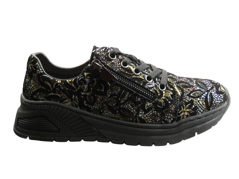 Skórzane półbuty damskie czarno-złote Nika Komfort H-233