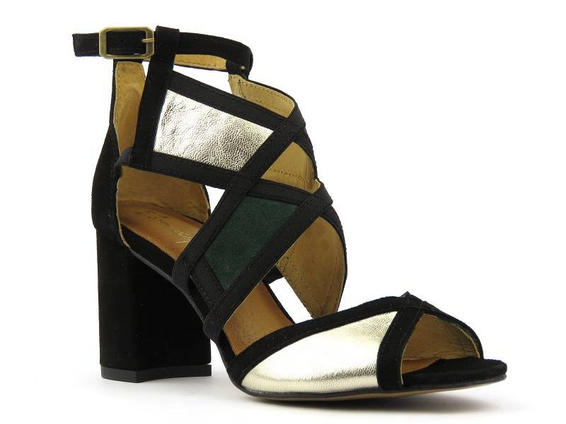 Eleganckie sandały damskie na słupku - MACIEJKA 05181-09, czarne z zielenią i złotem